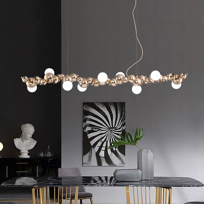2024Modern Creative Long Bar Chandelier Caterpillar Shaped Metal ball Pendants Lamp Dining Room for Kitchen Hanging Light Lustre - vue 4 sur 10
