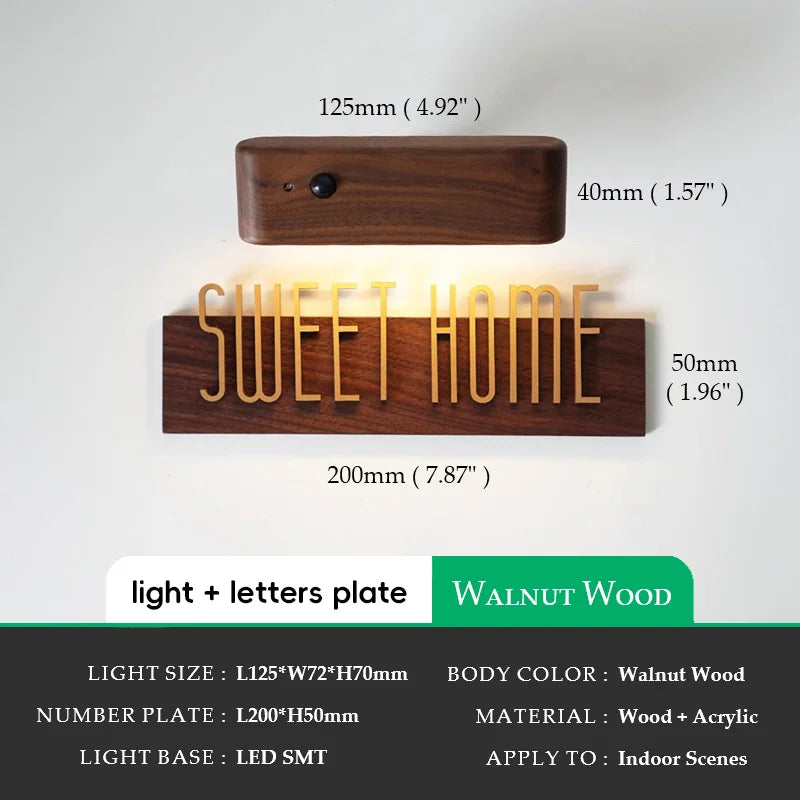 DIY Customizable English alphabet Walnut Wood Retro, Decorative Plaque Charge Inductive Lighting for Entrance Door, commercial