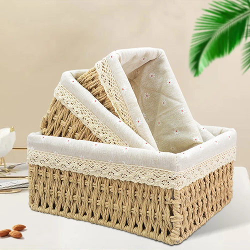 panier de rangement tissé en rotin avec doublure amovible décorative - vue 2 sur 12