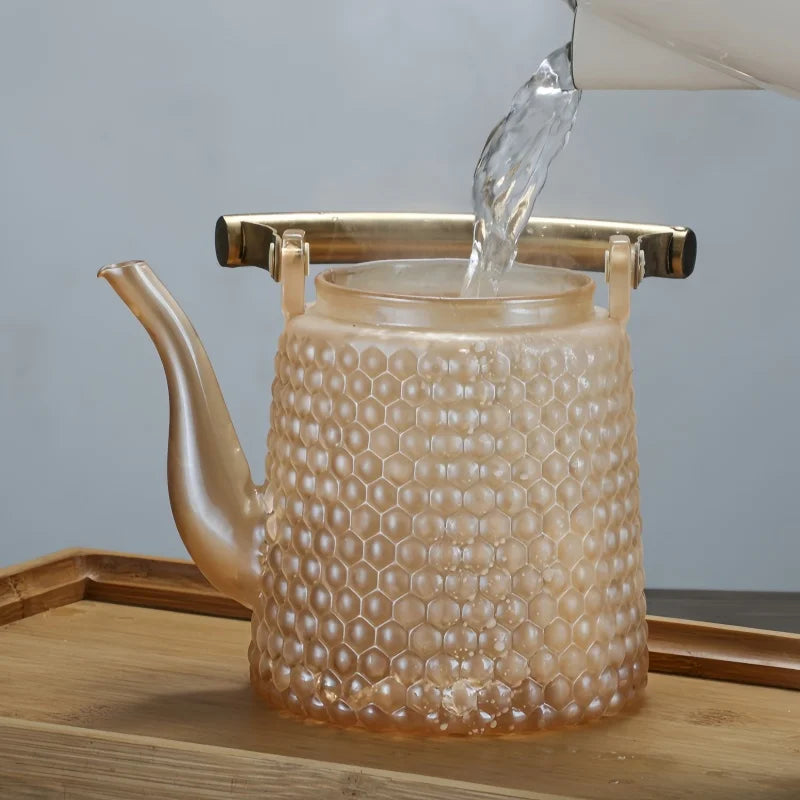 Théière japonaise verre borosilicate rétro poignée cuivre - vue 3 sur 7