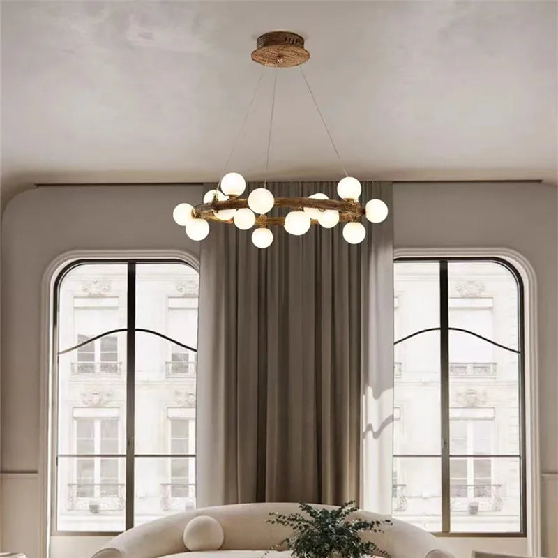 lustre nordique en bois avec anneau de personnalité et verre laiteux - vue 5 sur 11