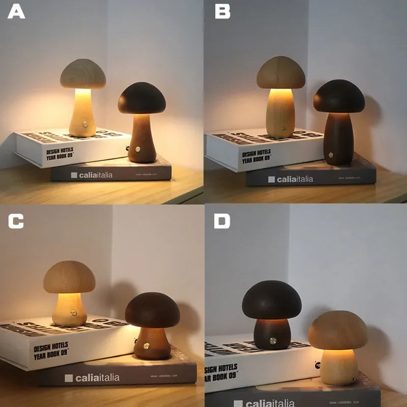 Lampe led champignon veilleuse en bois avec interrupteur tactile - vue 3 sur 11