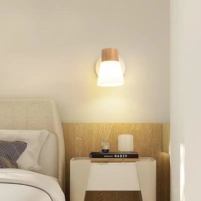 Applique murale nordique en bois LED Double tête lait blanc applique murale en verre pour chambre salon étude salle à manger décor à la maison luminaire - vue 3 sur 10