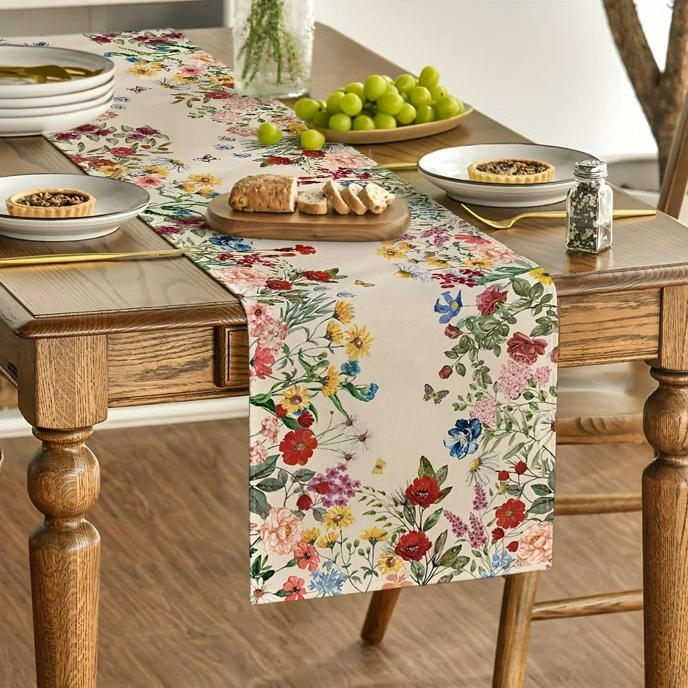 Chemin de table en lin motif fleurs papillons - vue 2 sur 6