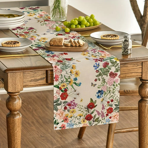 Chemin de table en lin motif fleurs papillons - vue 3 sur 6