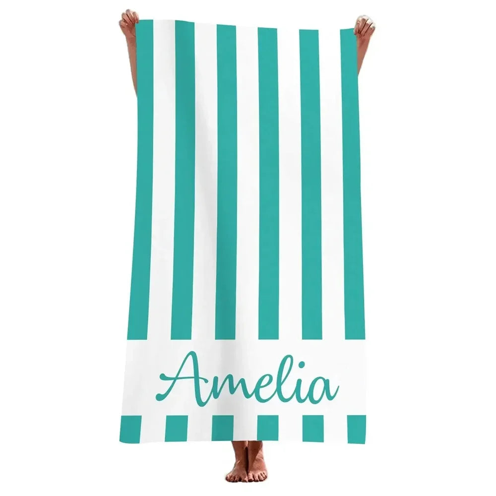 Serviette de plage microfibre rayée personnalisée avec nom - vue 5 sur 5