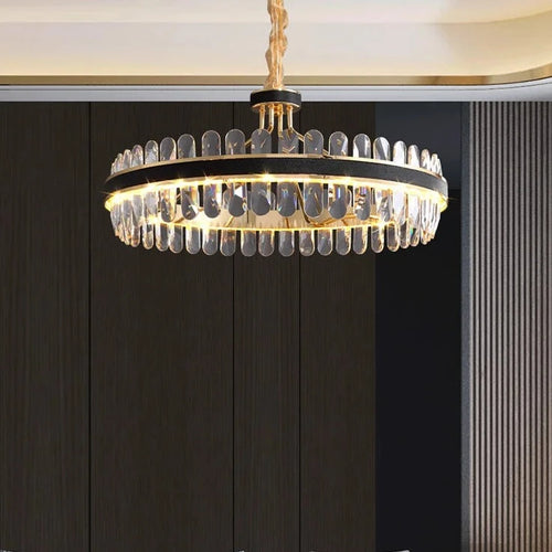 lustre en cuir led cristal luxueux rond suspendu moderne - vue 2 sur 24
