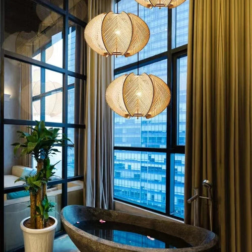 lustre japonais en rotin luminaire suspendu élégant et naturel - vue 5 sur 6