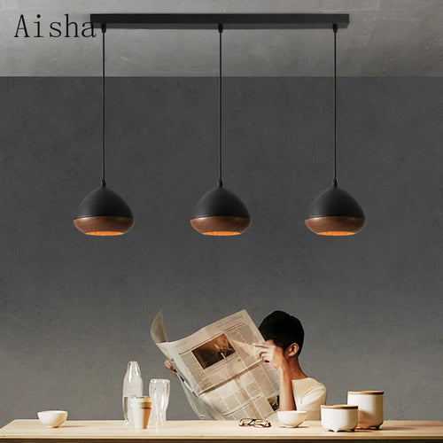 lustre en fer de style japonais wabi-sabi imitation noyer nordique - vue 5 sur 10