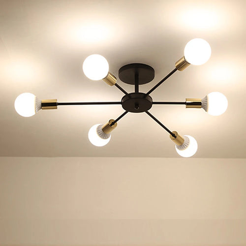 lustre industriel moderne avec tiges multiples en fer et bois - vue 12 sur 16
