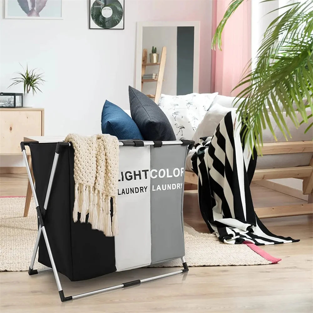 panier à linge pliable trois compartiments pour vêtements sales - vue 9 sur 9
