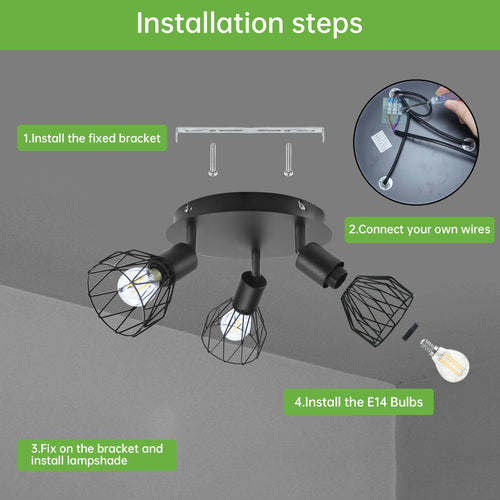 Spot de Plafond 3 Voies Rotatif - Spot Plafond Noir/Blanc Plafonniers E14 - Spot Luminaires Fil Cage Mur - vue 5 sur 7