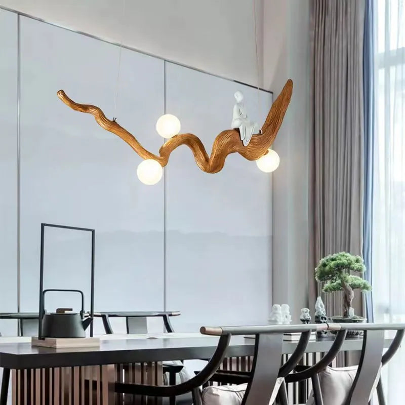 Lustre design Zen résine style bois à Branches suspension - vue 3 sur 7