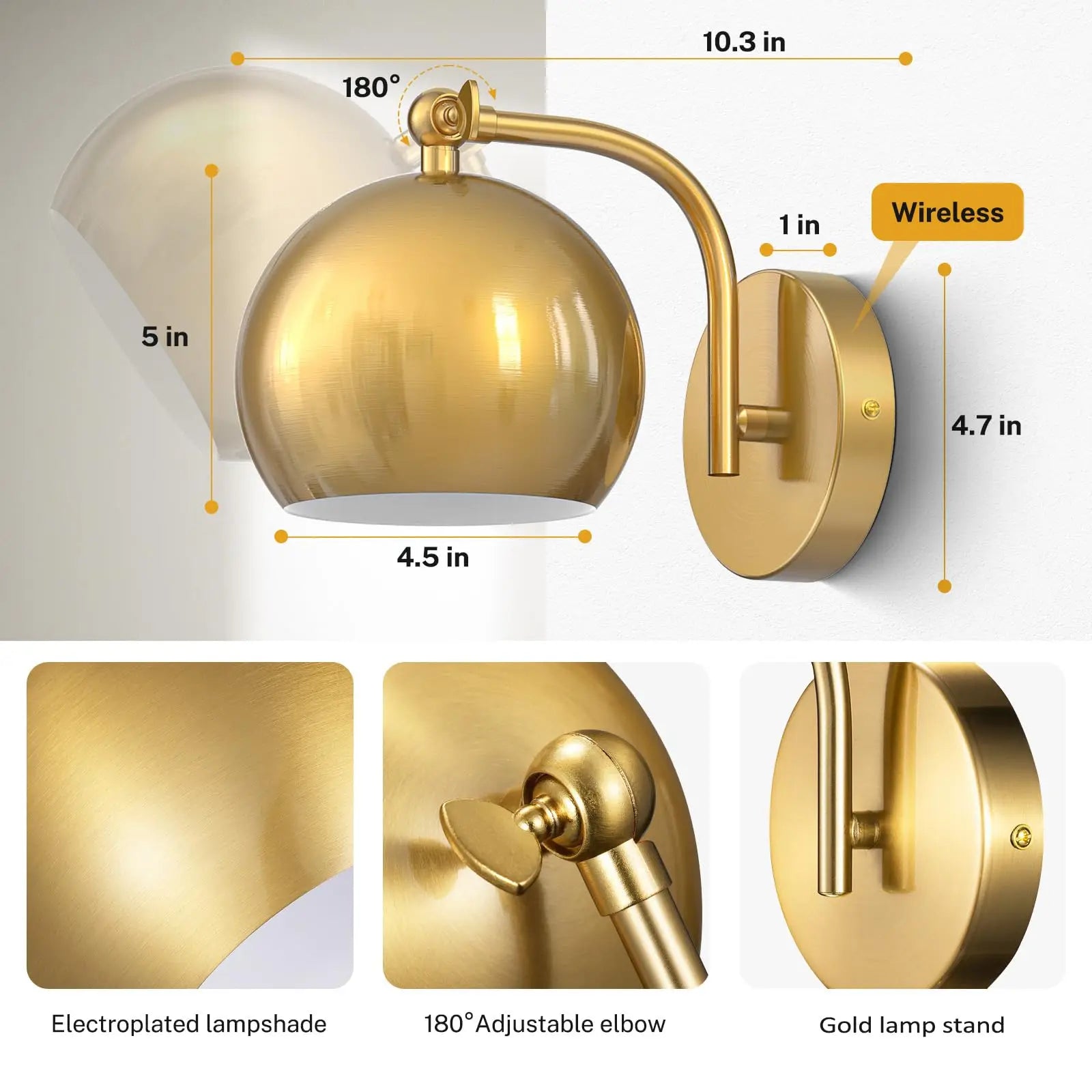 Gold Wall Sconces Battery Operated, Not Hardwired Dimmable, Battery Wall Sconce Wireless Wall Lamp for Bedroom, Bulb Included - vue 2 sur 7