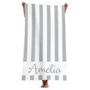 Serviette de plage personnalisee rayee microfibre avec prenom