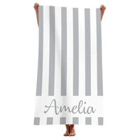 Serviette de plage personnalisee rayee microfibre avec prenom