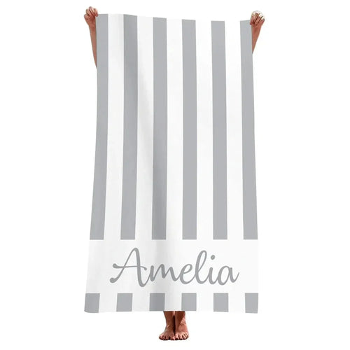 Serviette de plage personnalisee rayee microfibre avec prenom