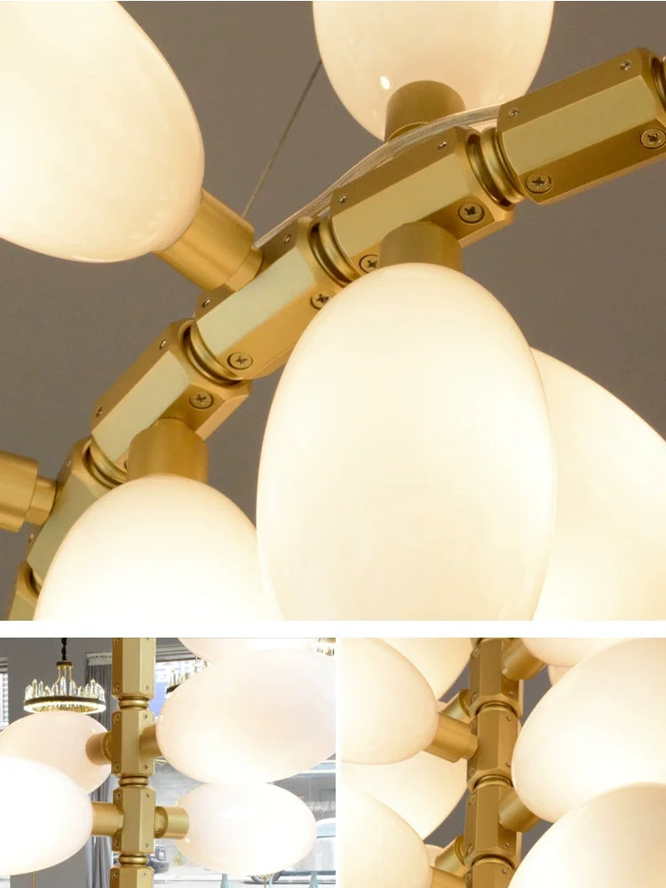 Modern Luxury  White Glass Grape Shaped Duplex Villa Chandelier, Living Room, Dining Room, Hotel Circular Decorative Chandelier - vue 3 sur 15