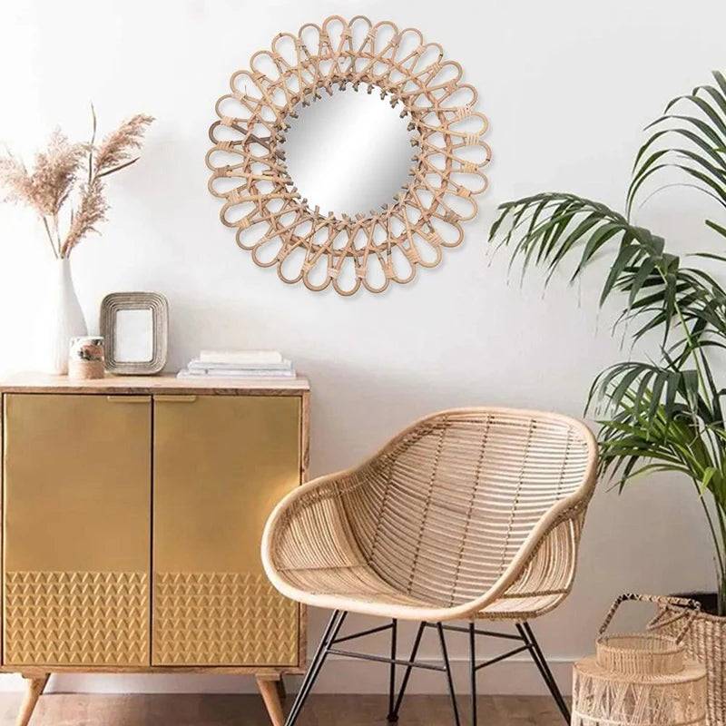 miroir mural rond en rotin pour décoration intérieure - vue 5 sur 6