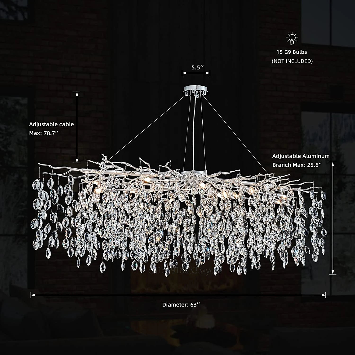 lustre en cristal de luxe avec branches led pour intérieur moderne