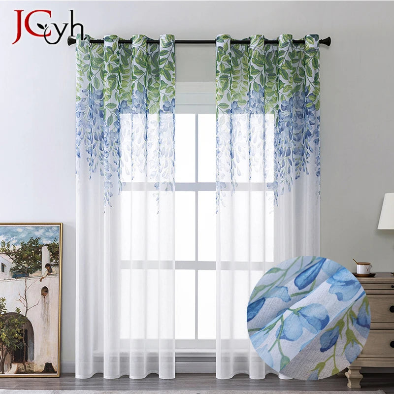 Voilage tulle transparent motif floral moderne pour fenêtre - vue 1 sur 7