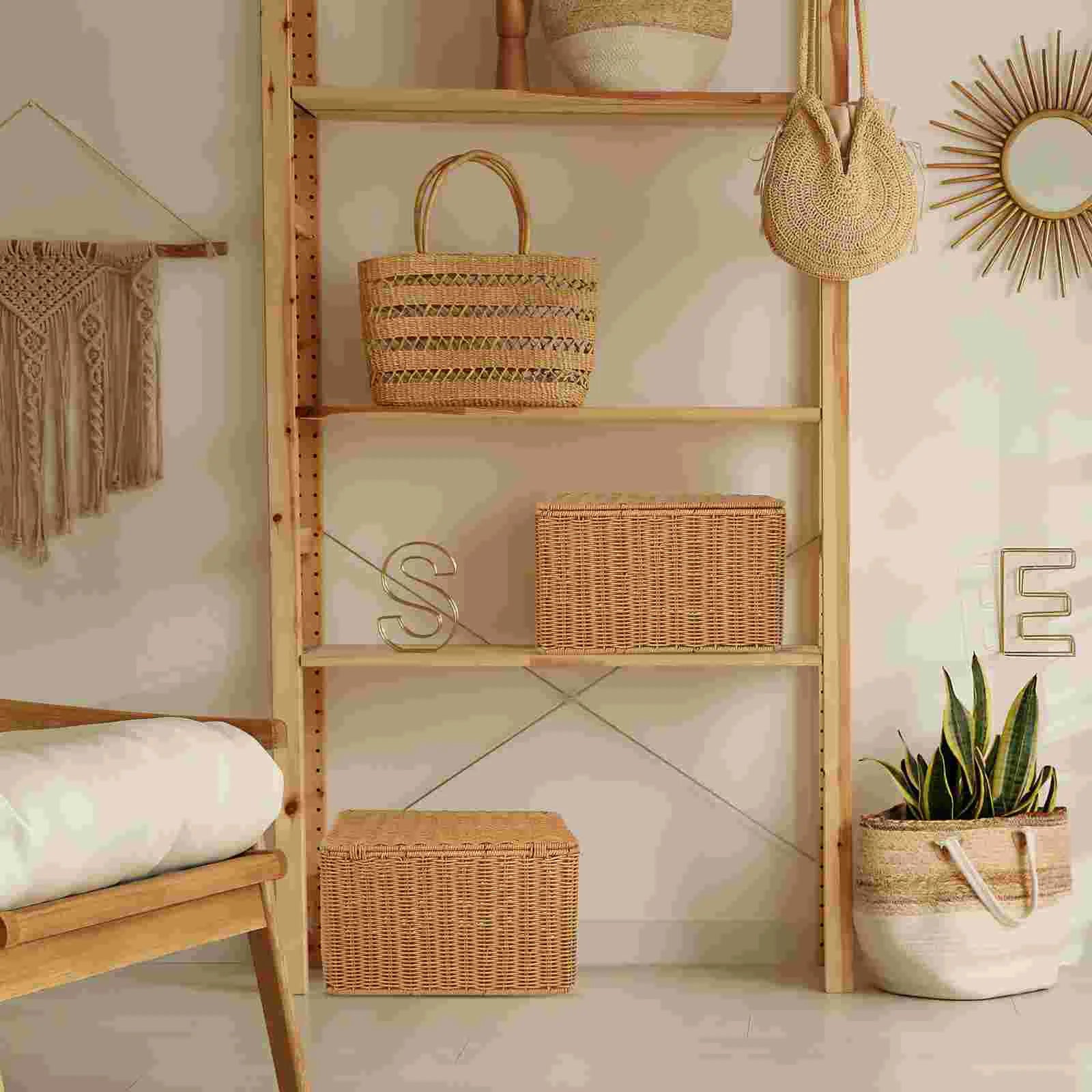 panier de rangement en rotin synthétique avec couvercle - vue 4 sur 7