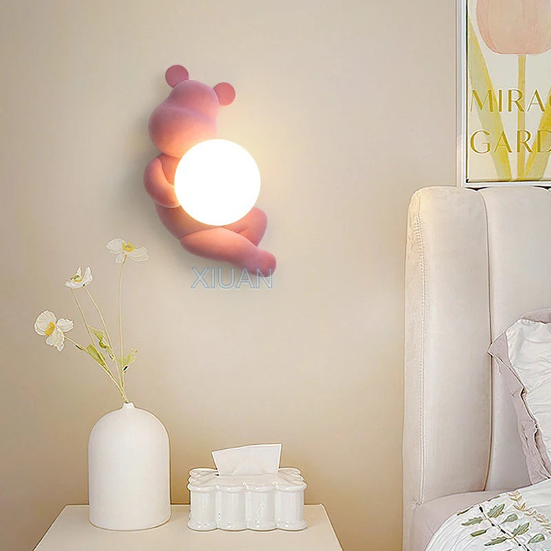 Chrome White Pink Bear Lights Art Design Bedroom Bedside Wall Lamps Resin Animal Glass Sconces Living Room Decorative Wall Light - vue 4 sur 18