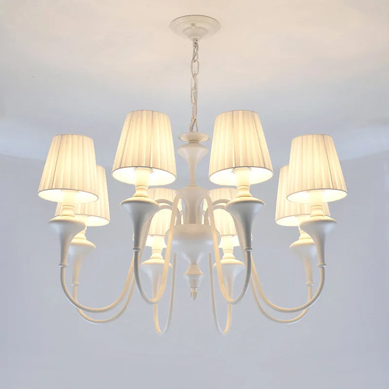 lustre moderne à trois ou six lumières en métal avec abat-jour tissu - vue 4 sur 5