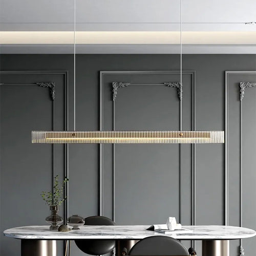 Lustre design de luxe en acier inoxydable et cristal minimaliste longue bande - vue 2 sur 8
