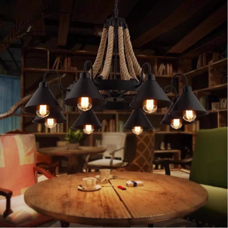 Vintage Hemp Rope Pendant Lamps Iron Lampshade Retro Coffee House Bar Indoor Lightings E27 Industrial Style Chain Pendant Light - vue 4 sur 12