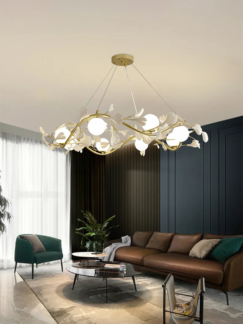 lustre en feuilles de ginkgo avec éclairage led décoratif moderne - vue 3 sur 8