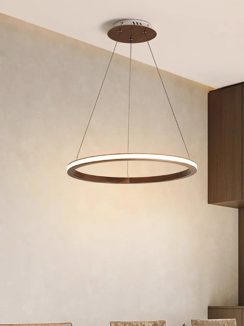 lustre led design moderne en bois anneau décoration rétro - vue 6 sur 14