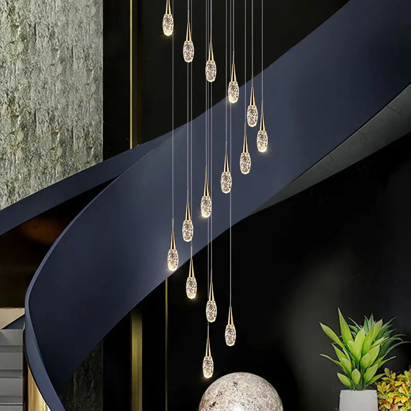 lustre d'escalier duplex lumière moderne de luxe rotatif en cristal - vue 1 sur 17