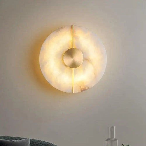 Applique murale LED ronde en marbre et cuivre doré - vue 3 sur 8