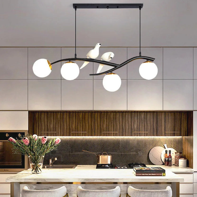 lustre en fer avec oiseau et boule de verre suspendue - vue 2 sur 12