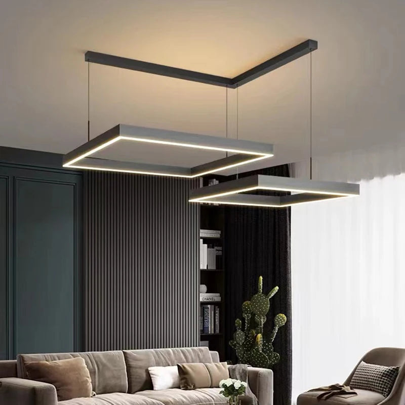 Lustre Led carré moderne pour salon salle à manger chambre cuisine noir Rectangle Led plafonnier suspension lampe - vue 5 sur 18