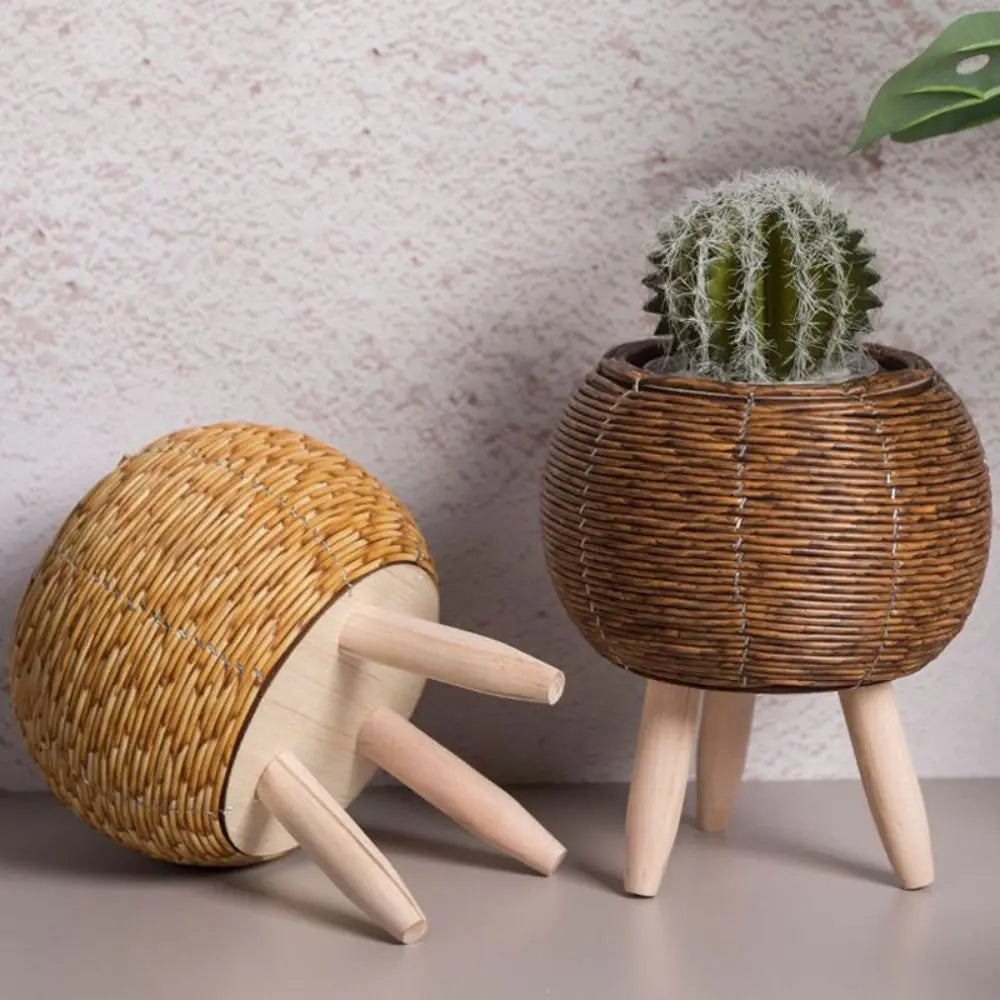 pot de fleurs rotin tressé créatif avec pieds amovibles et support durable - vue 4 sur 14