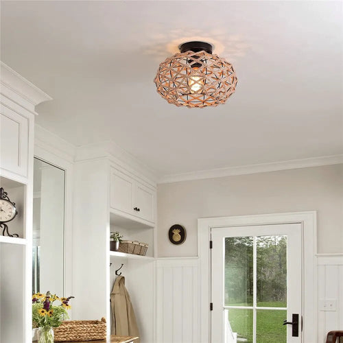 plafonnier tissé rustique corde chanvre plafond couloir ferme noir - vue 5 sur 6