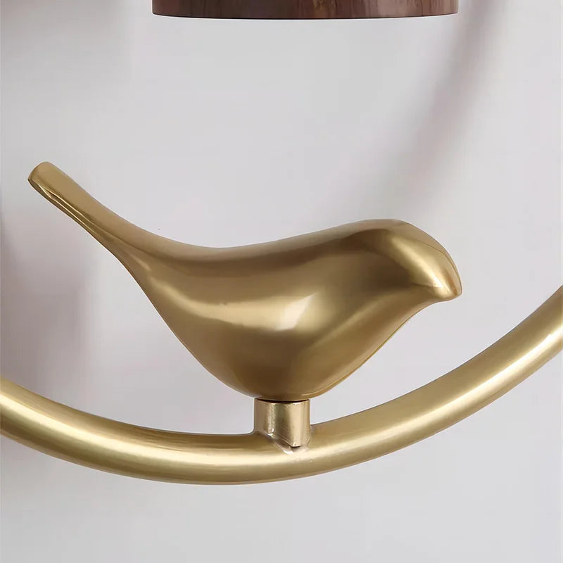 Walnut Wood Circle Brass bird, Wabi-sabi Modern style, Wall Sconce light for Bedroom, Bedside, Living, Recreation, Study - vue 5 sur 8