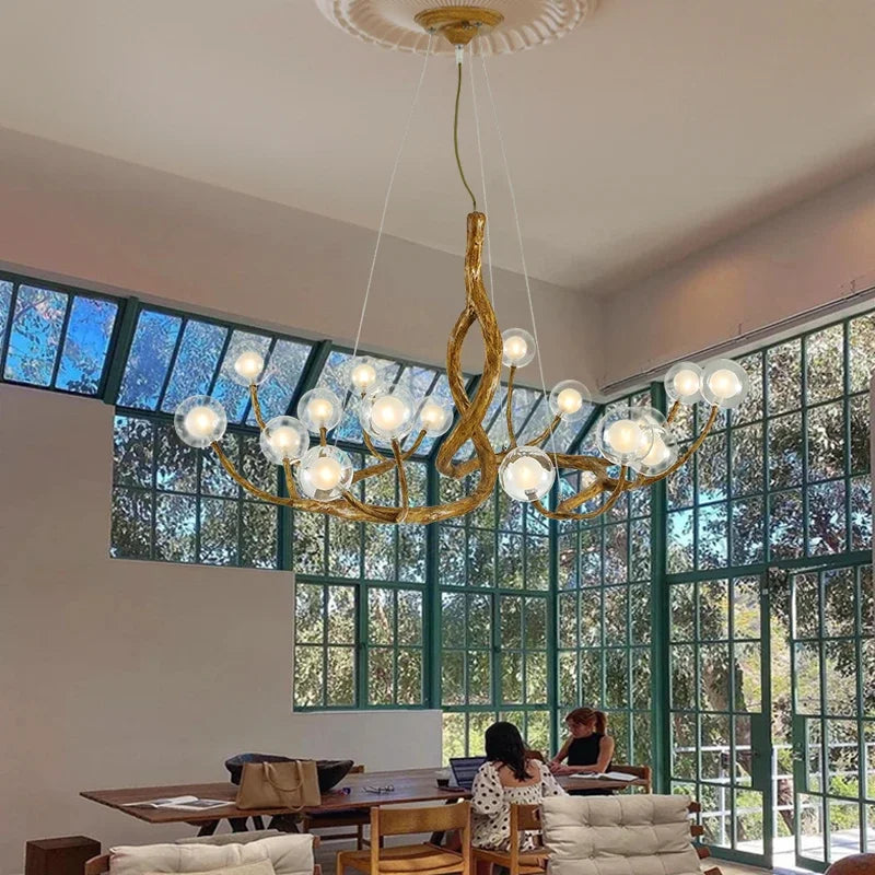 Nordique rétro branche d'arbre boule de verre LED lustre pour salon salle à manger cuisine tables alimentaires décor à la maison luminaire suspendu - vue 4 sur 9