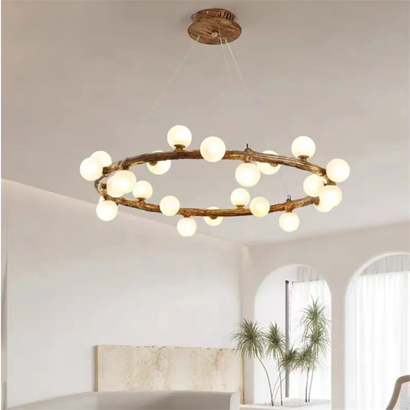 lustre nordique en bois avec anneau de personnalité et verre laiteux - vue 4 sur 11