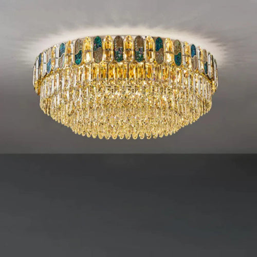 plafonnier led art déco en cristal doré et acier inoxydable - vue 2 sur 18