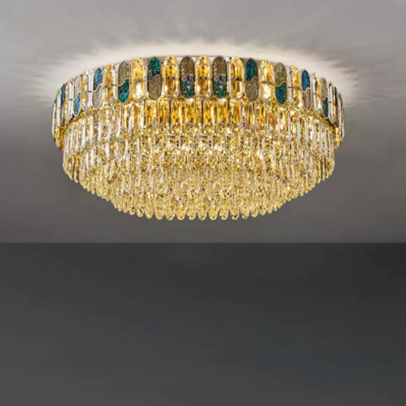 plafonnier led art déco en cristal doré et acier inoxydable - vue 1 sur 18