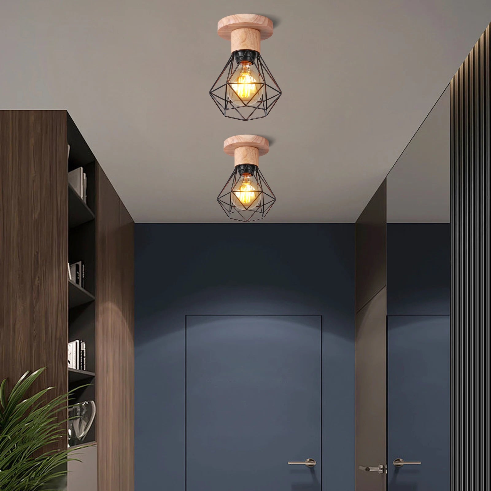 suspension vintage en bois industriel luminaire led suspendu - vue 10 sur 14
