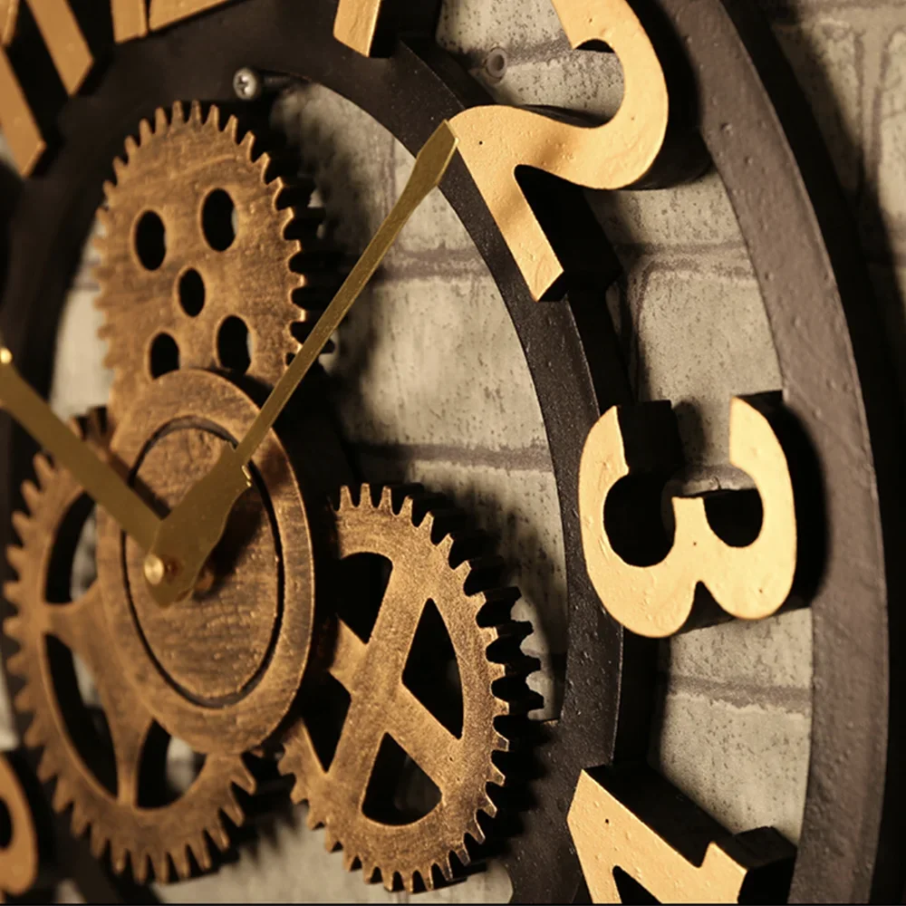 horloge murale moderne à engrenages en bois vintage silencieuse - vue 10 sur 10