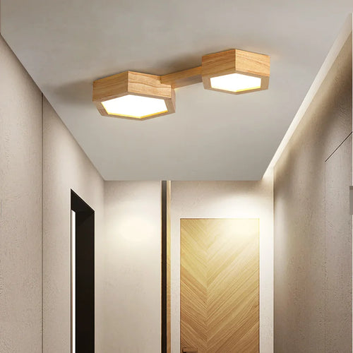 plafonnier en bois design moderne hexagonal avec éclairage LED - vue 4 sur 11