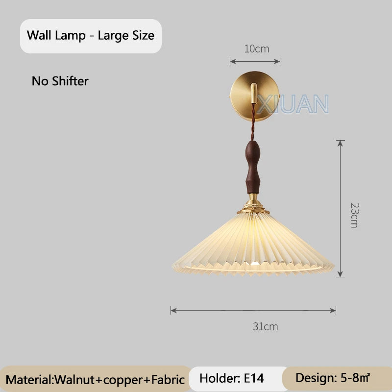 lustre vintage japonais avec abat-jour plissé en noyer