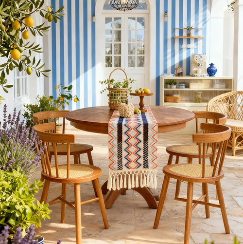 Chemin de table bohème motifs aztèques beige pompons - vue 5 sur 6