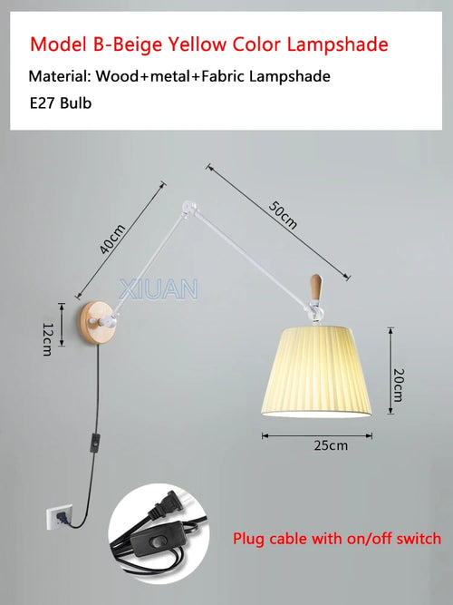 Nordic Shiftable Rocker Arm Wall Lamps Fabric Lampshade Dining Table Wall Light for Bedside Study Reading Lighting ON/OFF Switch - vue 10 sur 14