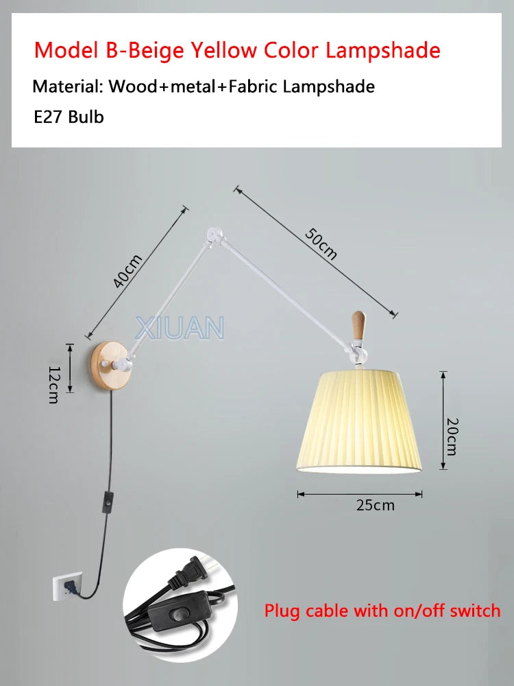 Nordic Shiftable Rocker Arm Wall Lamps Fabric Lampshade Dining Table Wall Light for Bedside Study Reading Lighting ON/OFF Switch - vue 9 sur 14